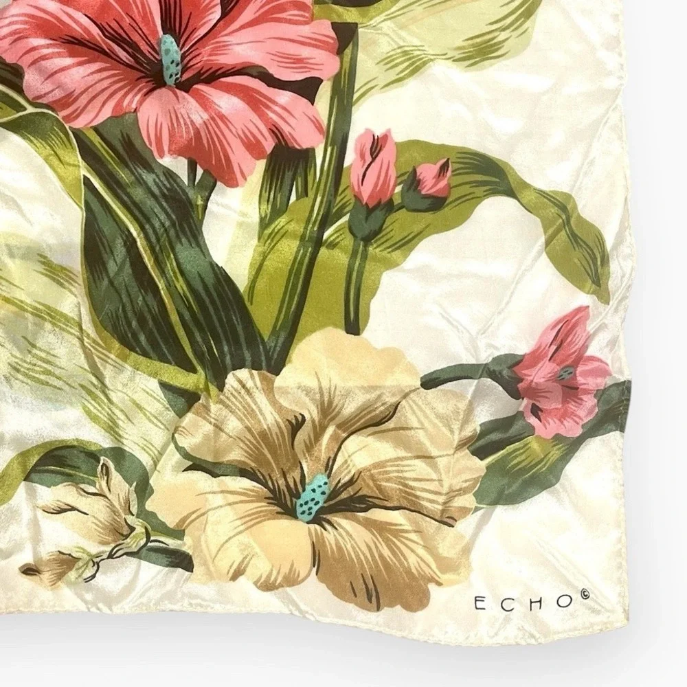 Vintage Echo Hibiscus Silk Scarf Floral Cream Pink Rectangle Oblong 58
